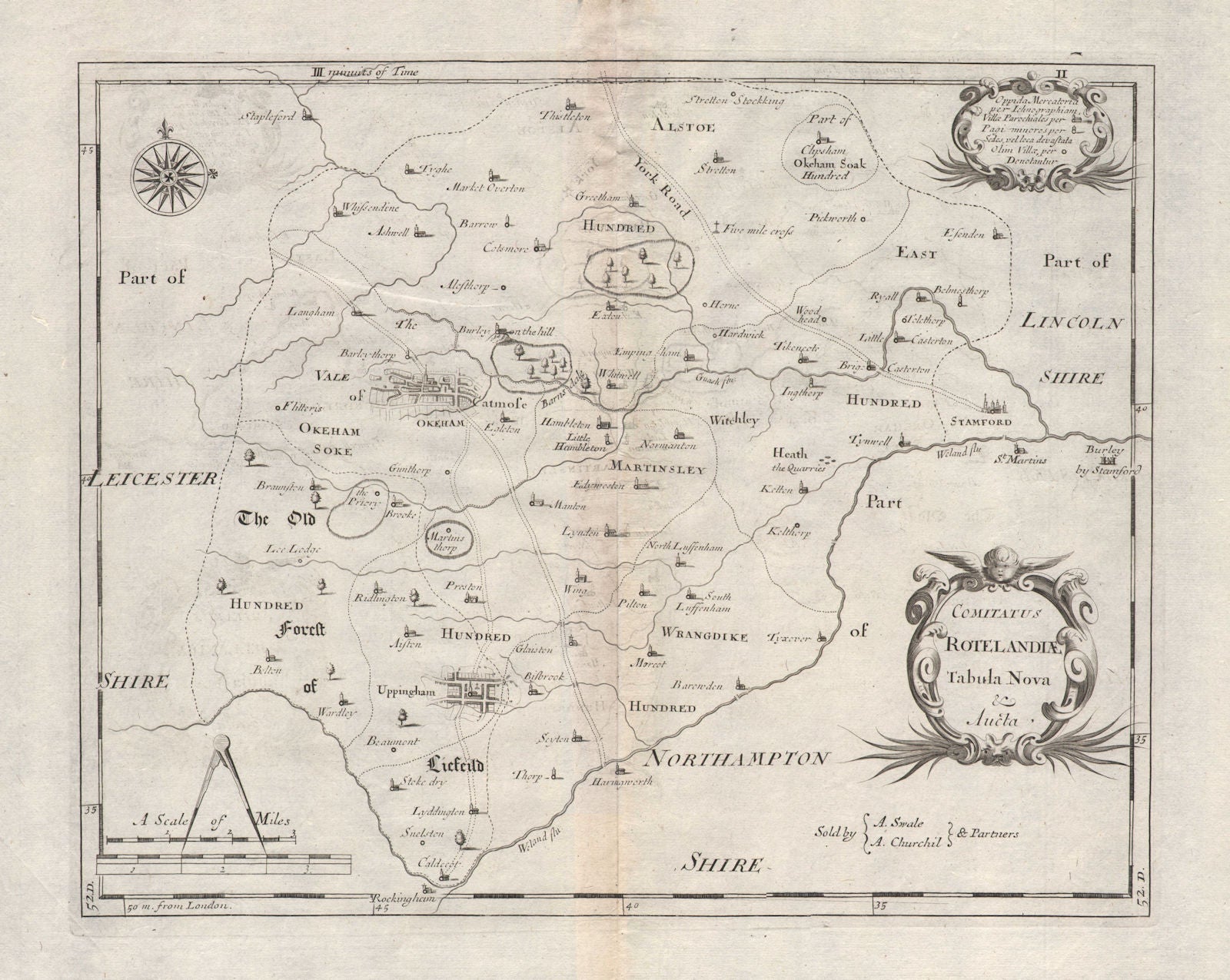 Rutland. 'COMITATUS ROTELANDIAE' by ROBERT MORDEN. Uppingham & Oakham 1695 map